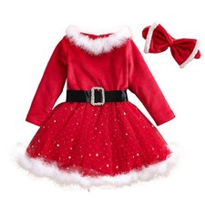 Kids Girls Xmas Dress Stage Show Santa Claus Dresses Performance Velvet Red
