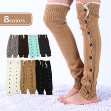 Women Winter Warm Knit Over Knee Long Boot Thigh-High Leg Warmers Button Socks
