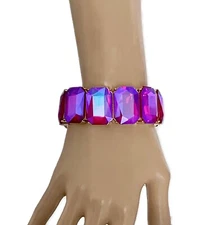 1" Wide Statement Chunky Stretchable Bracelet Iridescent Fuchsia Pink Crystals