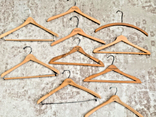 10 Vintage Wood Hanger Advertising Marshall Fields Mayfair Lenox Commadore Brand