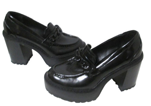 Madden Girl Chunky Platform Lug Sole Loafers 7M Black 4" Heel Chain accent B26 - Bild 3 von 6