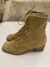 VTG JOAN DAVID Boots Ankle Brown Camel Lace Up Thin Suede Heeled 2 Combat 36
