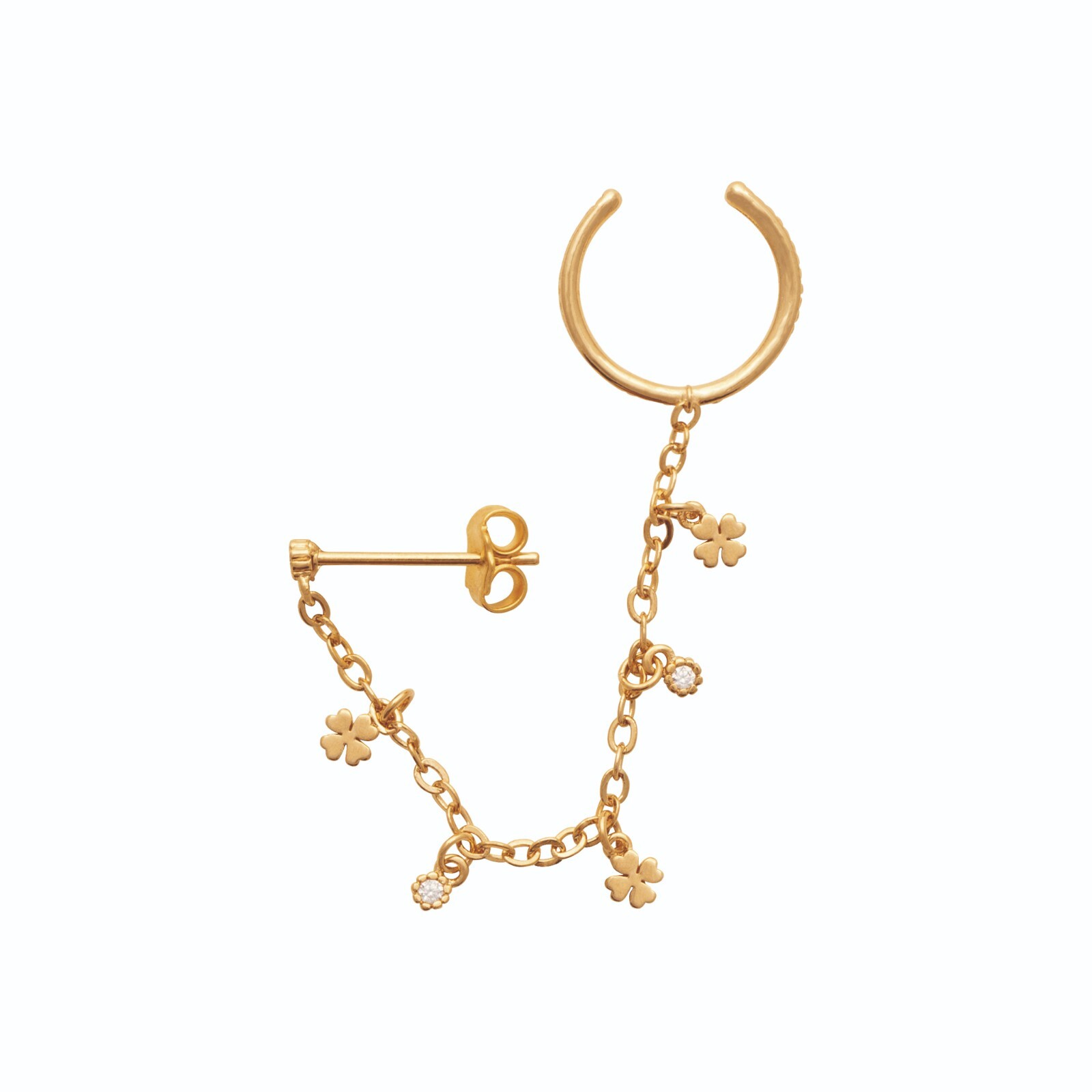 Boucle d'oreille en plaqué or motif chaine trèfle et zirconium pour vos tenues d'été