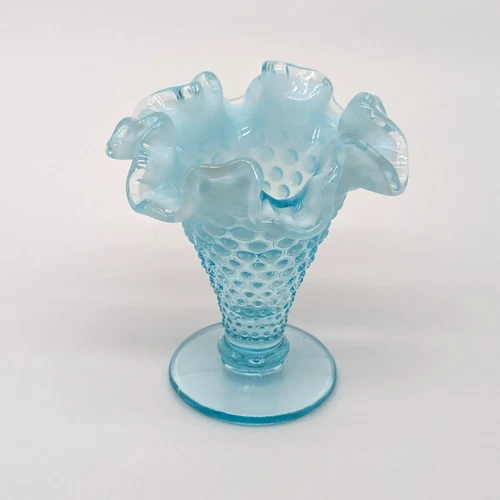 Fenton Glass Hobnail Vase Blue Opalescent 4" Fluted Trumpet Cone