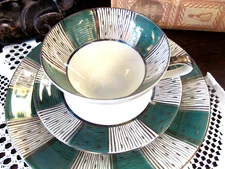 Bavaria Germany tea cup and saucer trio Green &  gold gilt teacup German 1950s