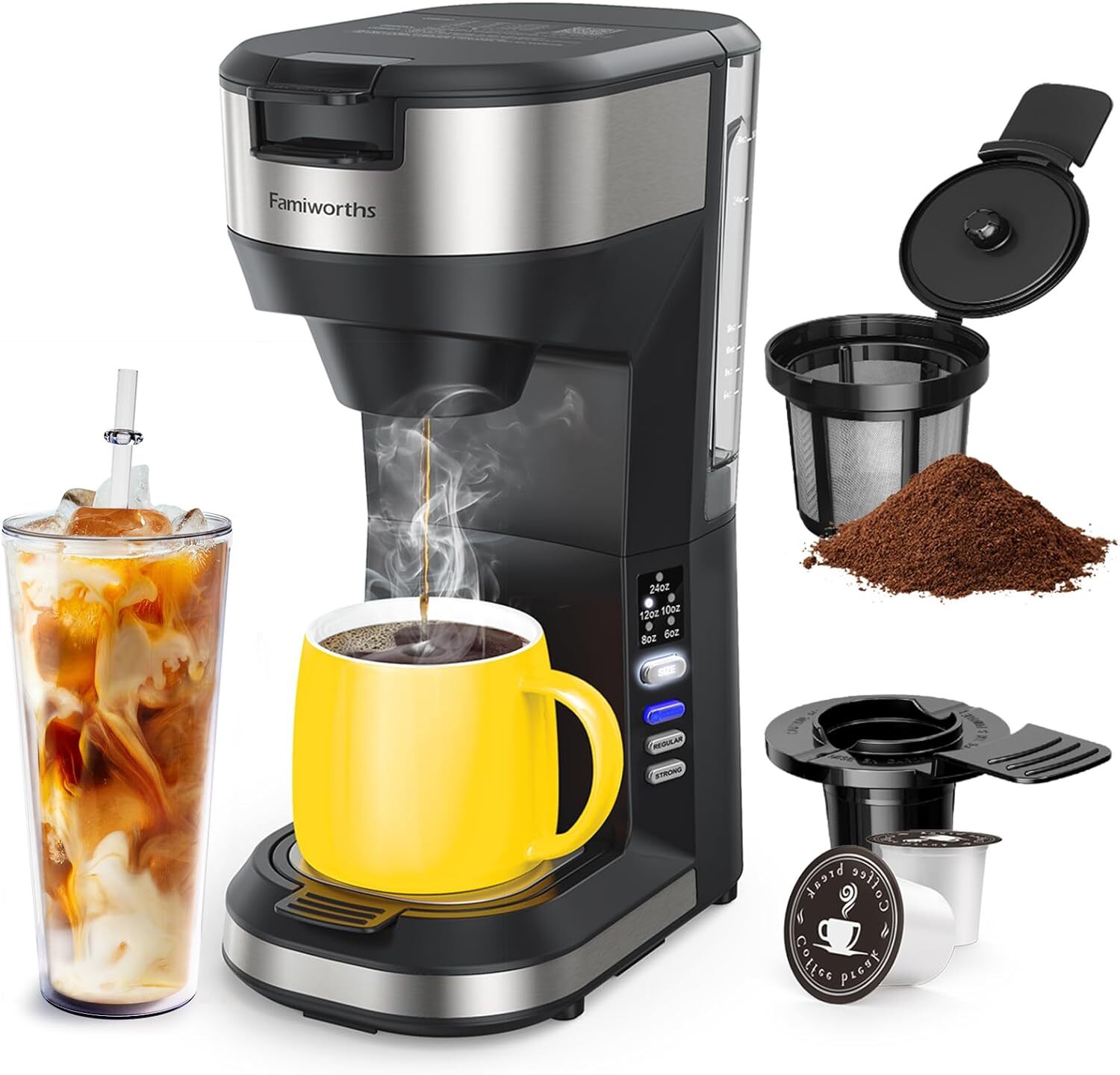 Famiworths Upgraded Hot and Iced Coffee Maker for K Cups and Ground Coffee Black