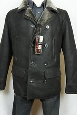 Brown 100% Sheepskin Shearling Leather Double-Breasted Peacoat Jacket Coat S-6XL