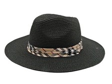 Wide Brim Floppy Sun Hat Black w/Plaid Band Beach Travel OSFM Rockabilly Western