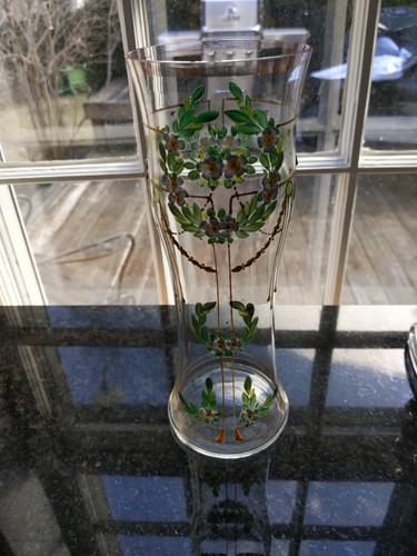 Vintage Bohemian Czech 9" Amber Vase with Gold Gilt And Enamel Flowers - Picture 9 of 11