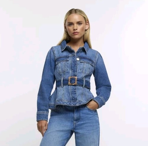 River Island Womens Jacket Blue Belted Denim Collared Outerwear Top UK Size 8 - Picture 7 of 7