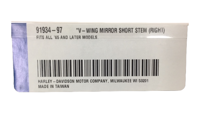 HARLEY DAVIDSON NIB NOS V-WING SHORT STEM MIRROR, RIGHT 91934-97 