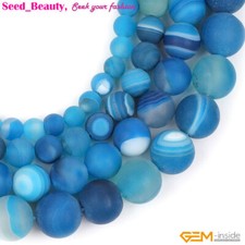 Natural Blue Banded Agate Round Beads For Jewelry Making 15" DIY Frosted Matte