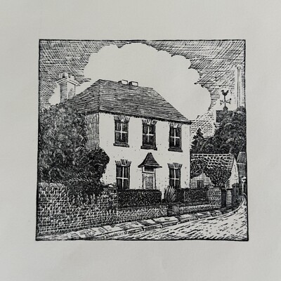 Vintage Woodblock or Linocut Print of House by Unidentified Unknown Artist