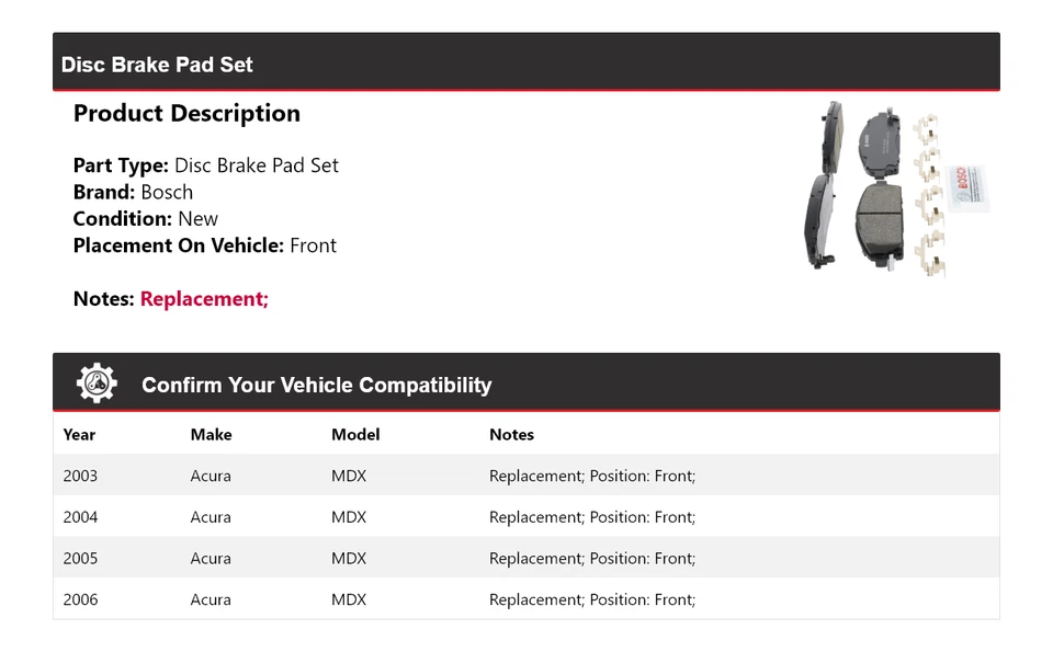 Pastilhas de freio dianteiras 2004 2005 cerâmica Acura MDX Bosch QuietCast 2003-2006 - Imagem 2 de 4