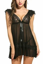 Women's Lingerie Lace Babydoll Strap Chemise Chiffon Sleepwear Ruffle Mini Teddy