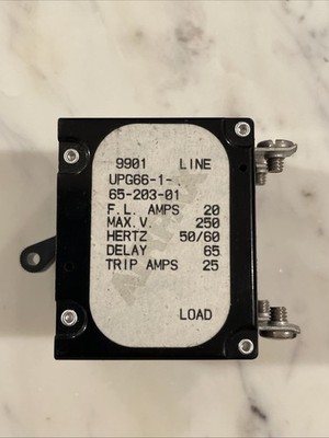 Airpax UPG66-1-65-203-01 Hydraulic Magnetic Circuit Breaker 20A 250V   Used