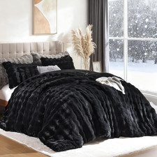 Black Comforter Set Queen - Luxurious Faux Fur Comforter for Winter, Fluffy Comf