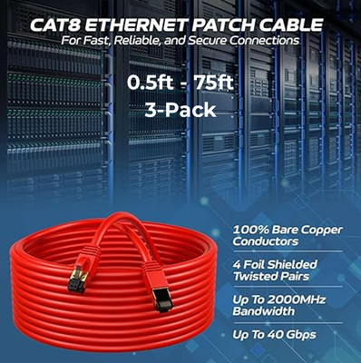3-Pack CAT8 Ethernet Patch Cable Copper 26AWG SFTP RJ-45  0.5-75FT Red Lot