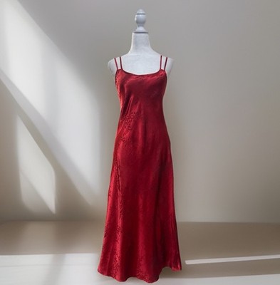 Vintage Y2K Victoria's Secret Slip Dress Gown Maxi Red Satin Whimsigoth Floral L