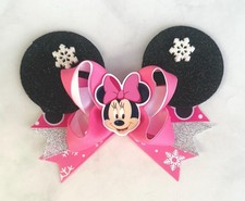 5 Winter Pink Snowflake Minnie Mouse Hair Bow With Ears