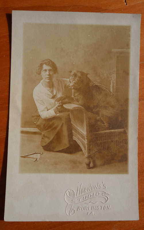 big pit bull and his four-eyed friend @ Hornungs studio, Burlington IA rppc 1918