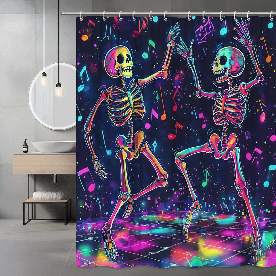 Coloridos Esqueletos Bailando Cortina de Ducha, Neón Halloween Fiesta Baño Decoración Foto 3 de 4