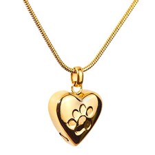 Paw Print Heart Pet Ashes Memorial Necklace For Dog Cat Ashes Gold