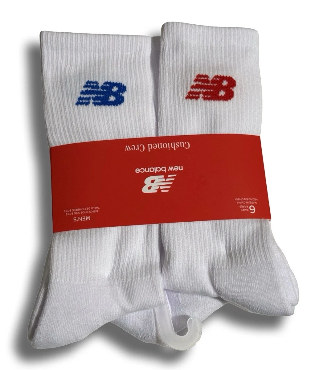 NEW BALANCE 6 Pairs Cushioned Crew Mens 8-12.5 Arch Support White Blue Red Socks