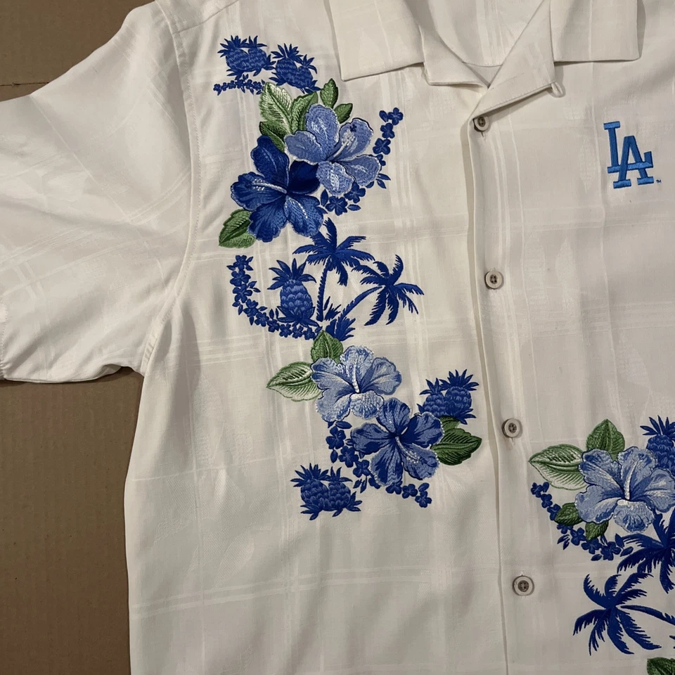 Tommy Bahama LA Dodger шелковая рубашка на пуговицах вышитая размер LG синий цветочный ЧИТАЙТЕ - Изображение 4 из 4