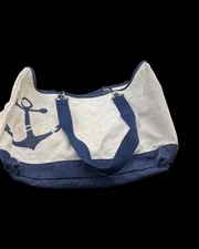 Thirty One Large Canvas Tote Bag Navy Anchor Beach Bag Double Handle Free Ship