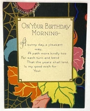 Art Deco Style Card On Your Birthday Morning Black with Colorful Leaves USED