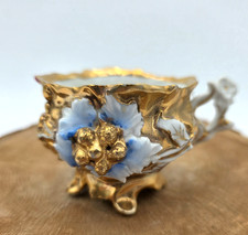 Mini Porcelain Demitasse Cup Gold Gilt Floral Footed Blue Pink VTG No Saucer