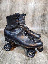Vtg Black Leather Roller Skates W/ RC Plus Medallion Wheels Men  s Size 10