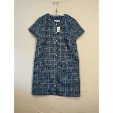 LOFT Blue Tweed Short Sleeve Button Front Shift Dress Gold Buttons Size 8 NEW