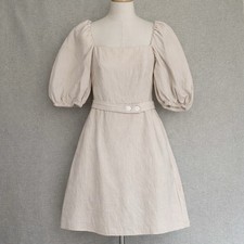 Cue Linen Blend Dress AU8 US4 Square Neck Puff Sleeve Belted Ivory Beige