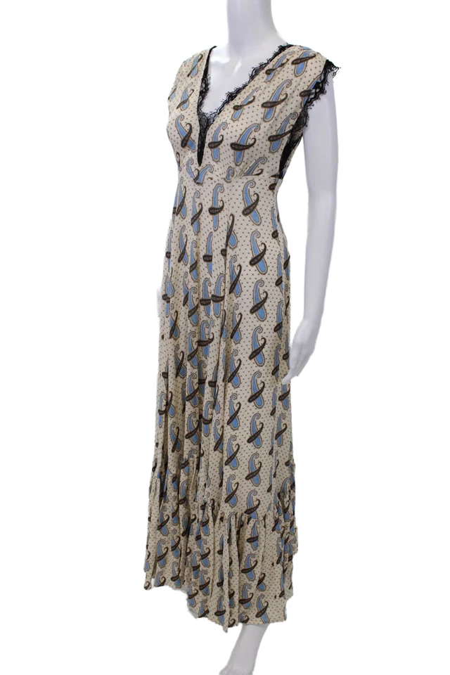 Vestido midi Etro para mujer con cremallera trasera ribete de encaje cuello en V cachemira blanco azul talla IT 40 Foto 2 de 4