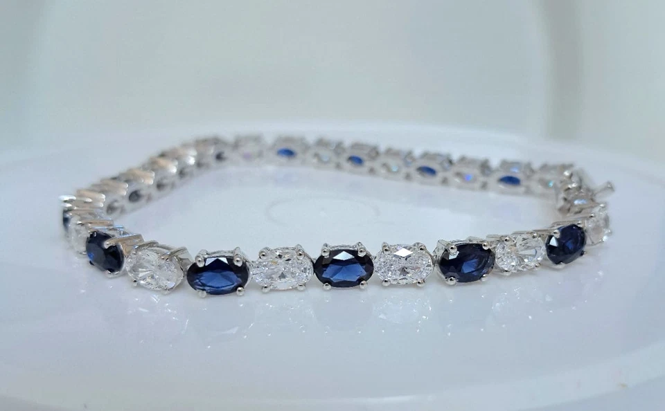 Blue Sapphire & Moissanite Oval Tennis Bracelet Platinum On Sterling Silver 7 In - Image 3 of 4