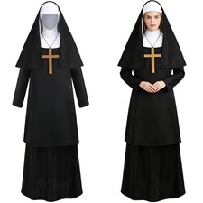 Women's Nun Costume, Nuns Black Dress Religious Outfit with Headpiece and Cro...