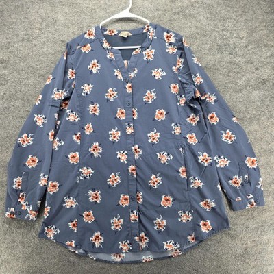 Duluth Trading Co. Blouse Tunic Womens L Blue Floral V-Neck Roll Tab Pockets