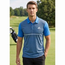 Adidas Golf Polo Shirt Mens Medium Blue Gray Striped Short Sleeve Performance