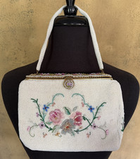 VTG FRENCH Hand Made Micro-Beaded Glass Pearl Floral Purse Evening Bag-All Orig