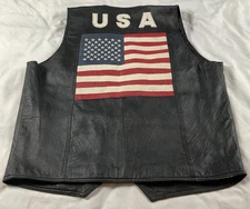 USA Bikers Dream Apparel Black Leather USA Flag Vest Men's Size XL Snap