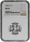 1943 S 1c Lincoln Steel Wheat Cent NGC MS 67 New Holder