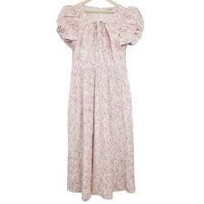 NEW Ivy City Jeanette Dress L Pink Floral Puff Sleeve Smocked V-Neck Party Midi