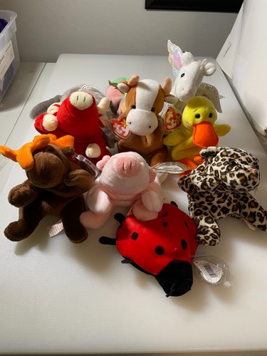 TY Beanie Babies Animal Lot of 10 With Tags Unicorn Leopard Pig Moose Duck Cow L
