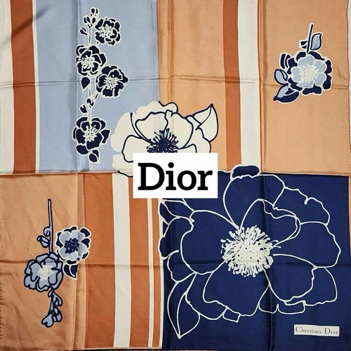 Authentique foulard Christian Dior beige marine 100% soie 76 x 76 cm fabriqué en France