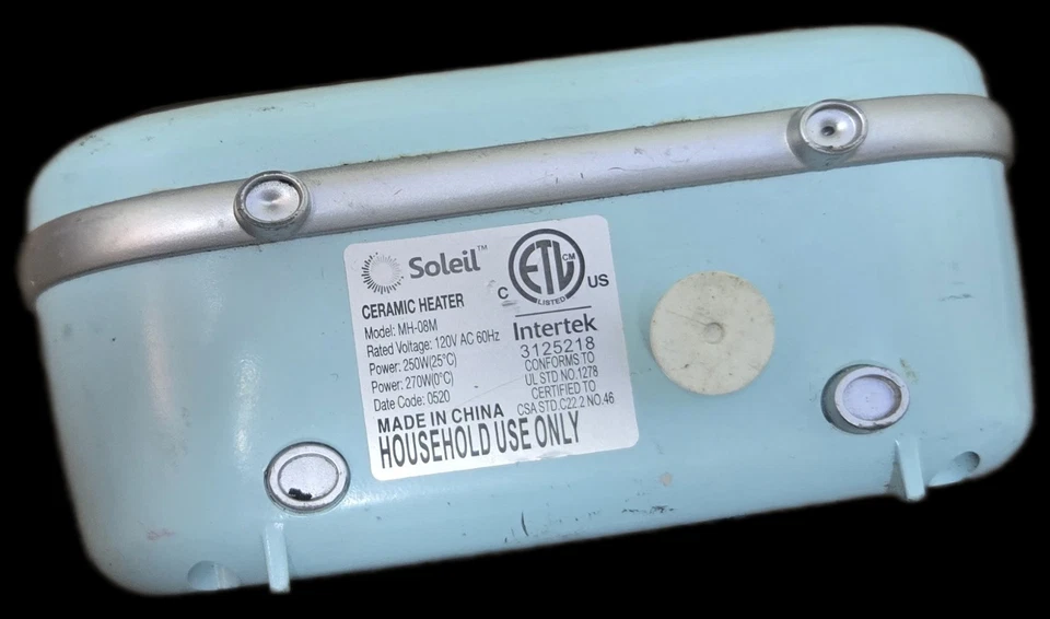 Calentador de cerámica Soleil vintage modelo: MH-08M verde azulado pequeño 5” pulgadas x 6,5” en funcionamiento Foto 2 de 4