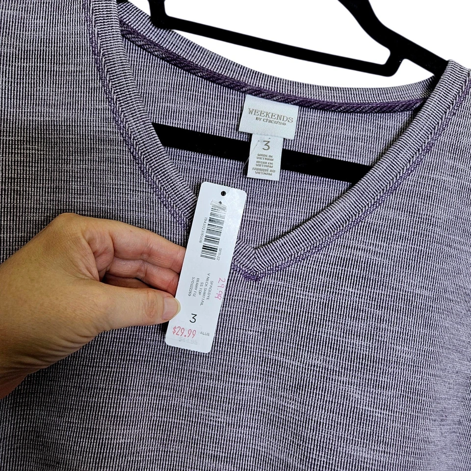 Weekends by Chico's Purple Knit V-Neck Short Sleeve Top 3 or L Basic Minimalist - Image 4 of 4