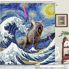 Funny Cat Shower Curtain, Cool Dinosaur Cat in Japanese Kanagawa Waves Shower
