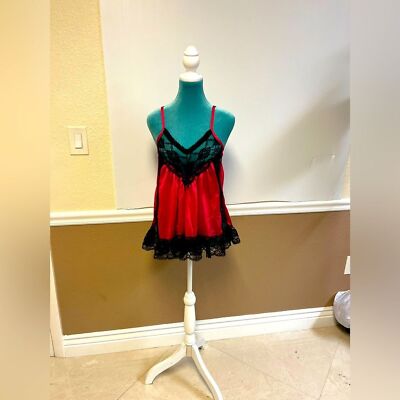 Vintage Bernette New York Red & Black Lace Babydoll Lingerie Top Size L